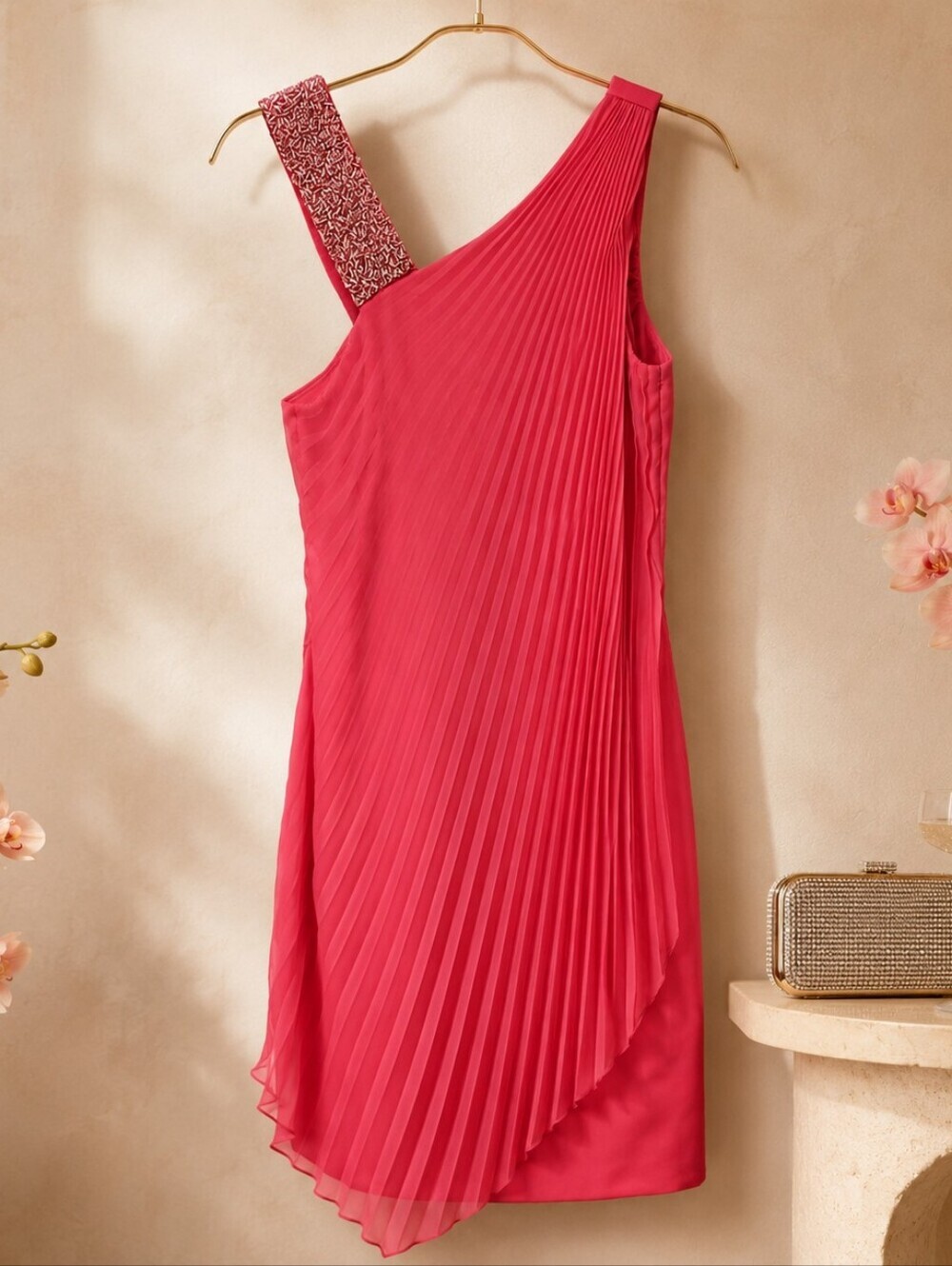 Kay Unger Hot Pink One-Shoulder Pleated Beaded Cocktail Party Dress Women's
